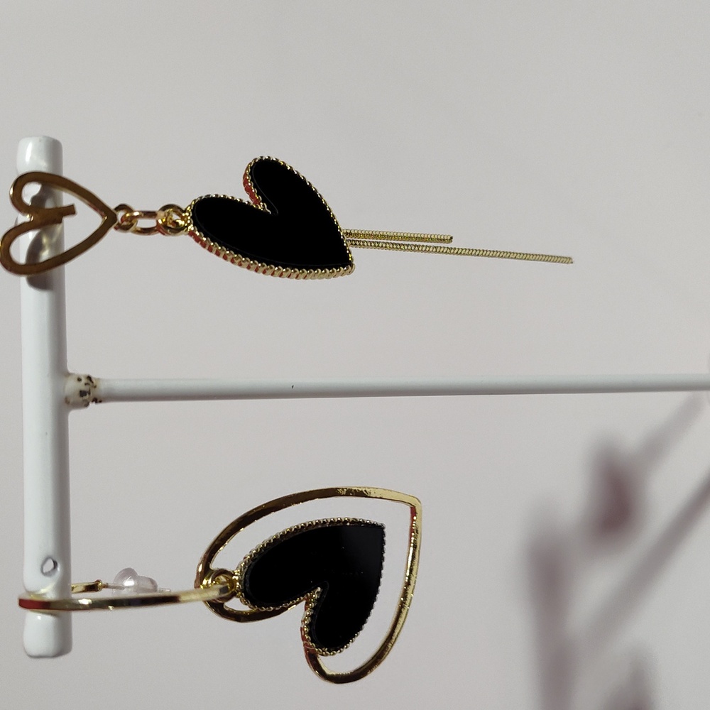 Black Heart Earrings Gold-tone Hoop Dangle Mix & Match Asymmetrical Tassel - Picture 6 of 16